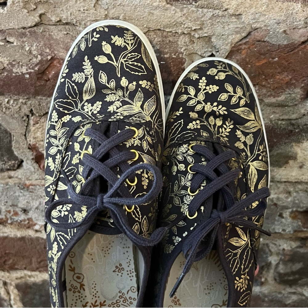 Keds X Rifle Paper Co. Black with Metallic Gold Floral Print shoes